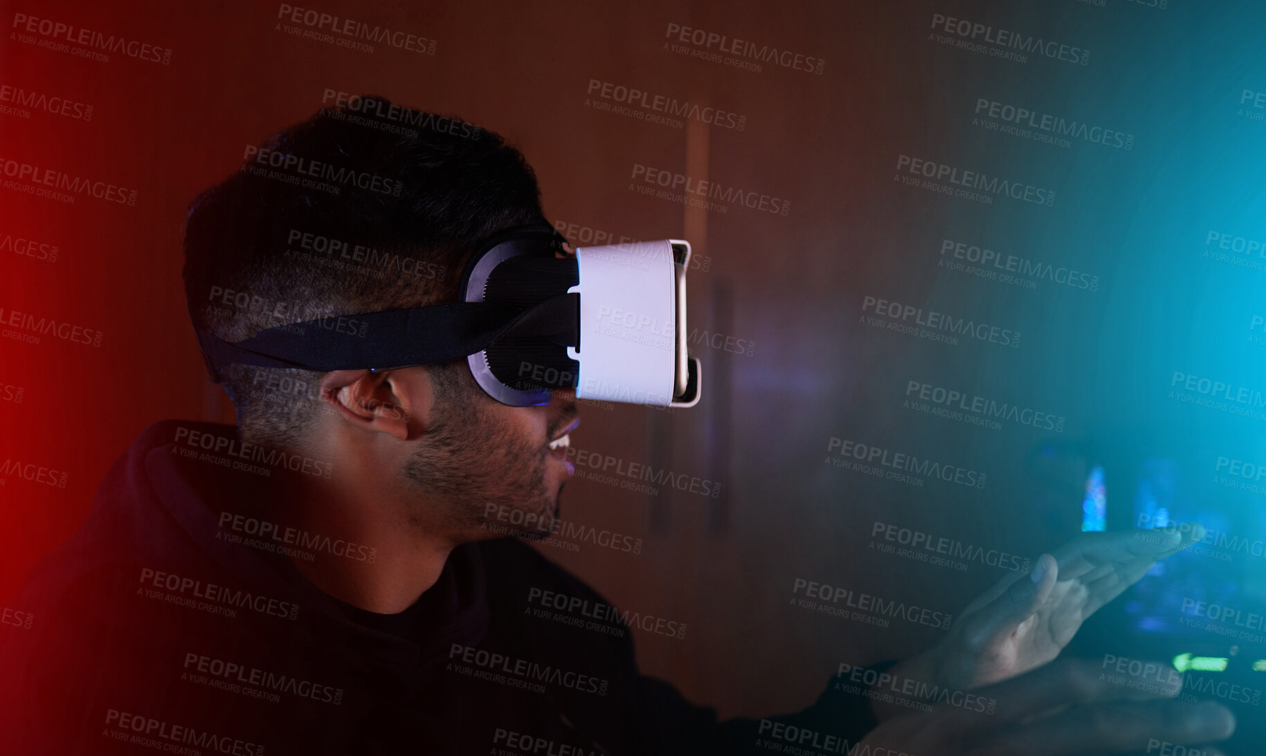 Buy stock photo Man in dark room, video game and virtual reality, online streaming with gaming, metaverse and esports. Cyber digital world, male streamer and future technology with games, VR goggles and simulation