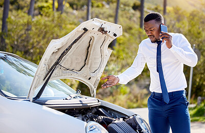 Buy stock photo Phone call, car accident and insurance with black man in nature for roadside assistance, safety and emergency. Stress, angry and transportation with driver and vehicle breakdown for motor and help