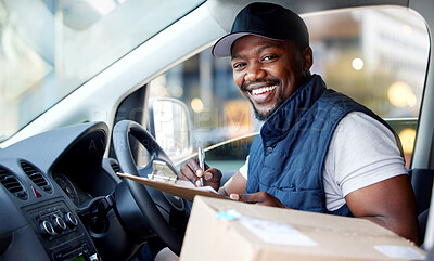 Buy stock photo Delivery man, transport and portrait of a man writing with a smile in window for shipping or courier service. Happy black person or driver with cardboard package to sign paper in van or cargo vehicle
