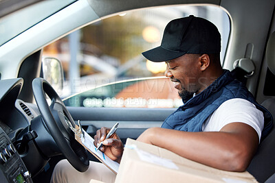 Buy stock photo Delivery man, transport and black man writing on a clipboard with a smile for shipping or courier service. Happy african person or driver with cardboard box or package and management list in a van 