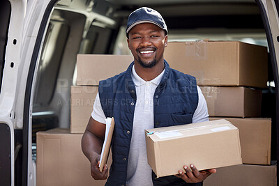 Buy stock photo Delivery man, transport and black man with a box and smile outdoor for shipping or courier service. Portrait of happy african person or driver with cardboard package at van from commercial supplier