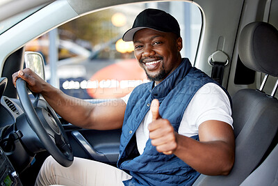 Buy stock photo Delivery guy, transport or man driving with thumbs up, shipping or courier service. Happy black person, portrait or driver for like, support emoji or hand sign in van, cargo vehicle or transportation