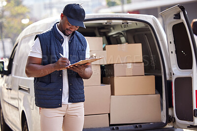 Buy stock photo Delivery guy, transport and black man writing on paper outdoor for shipping or courier service. Happy african person or driver with cardboard boxes or package form at van from commercial supplier