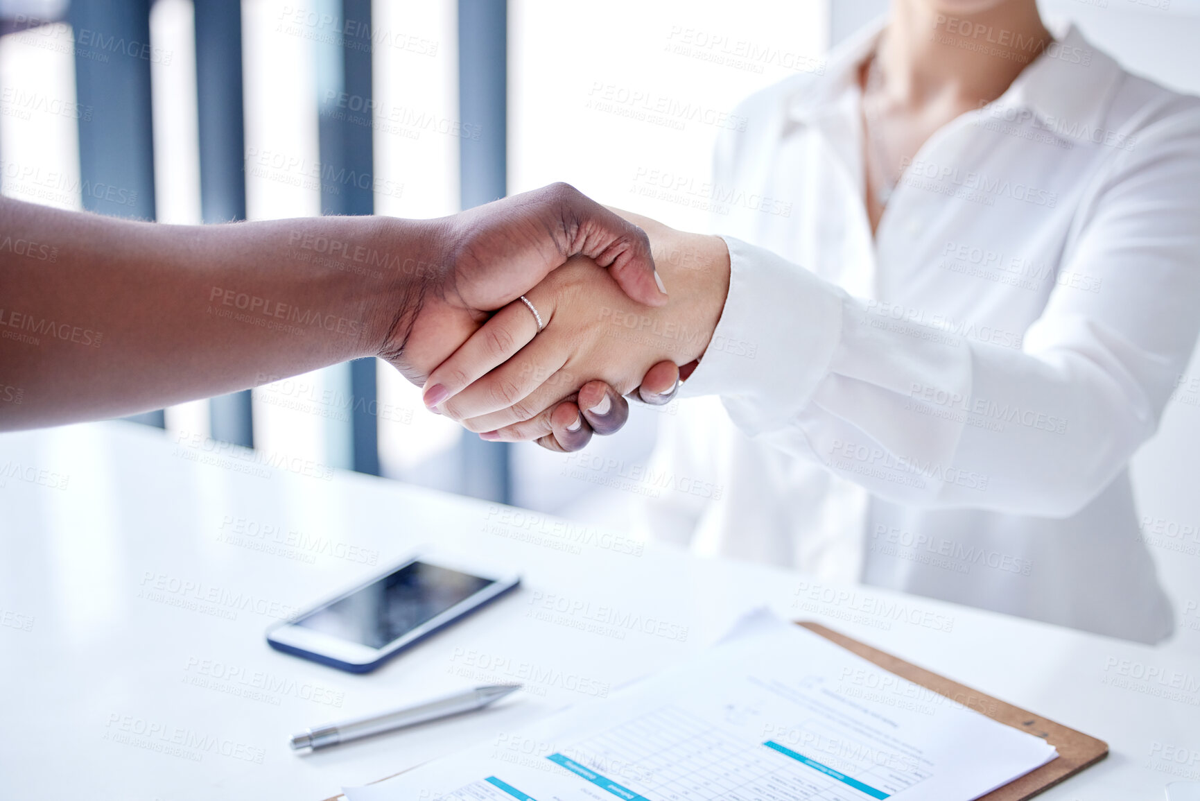 Buy stock photo Partnership, document and business people shaking hands for agreement with b2b meeting, deal success and job contract. Employees, recruitment paperwork and palm connection for thank you in office