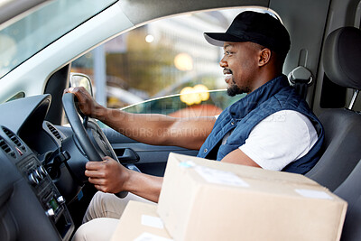 Buy stock photo Delivery man, transport and man driving with a smile for shipping or courier service. Happy black person or driver with cardboard box, package or parcel in a van, cargo vehicle or transportation