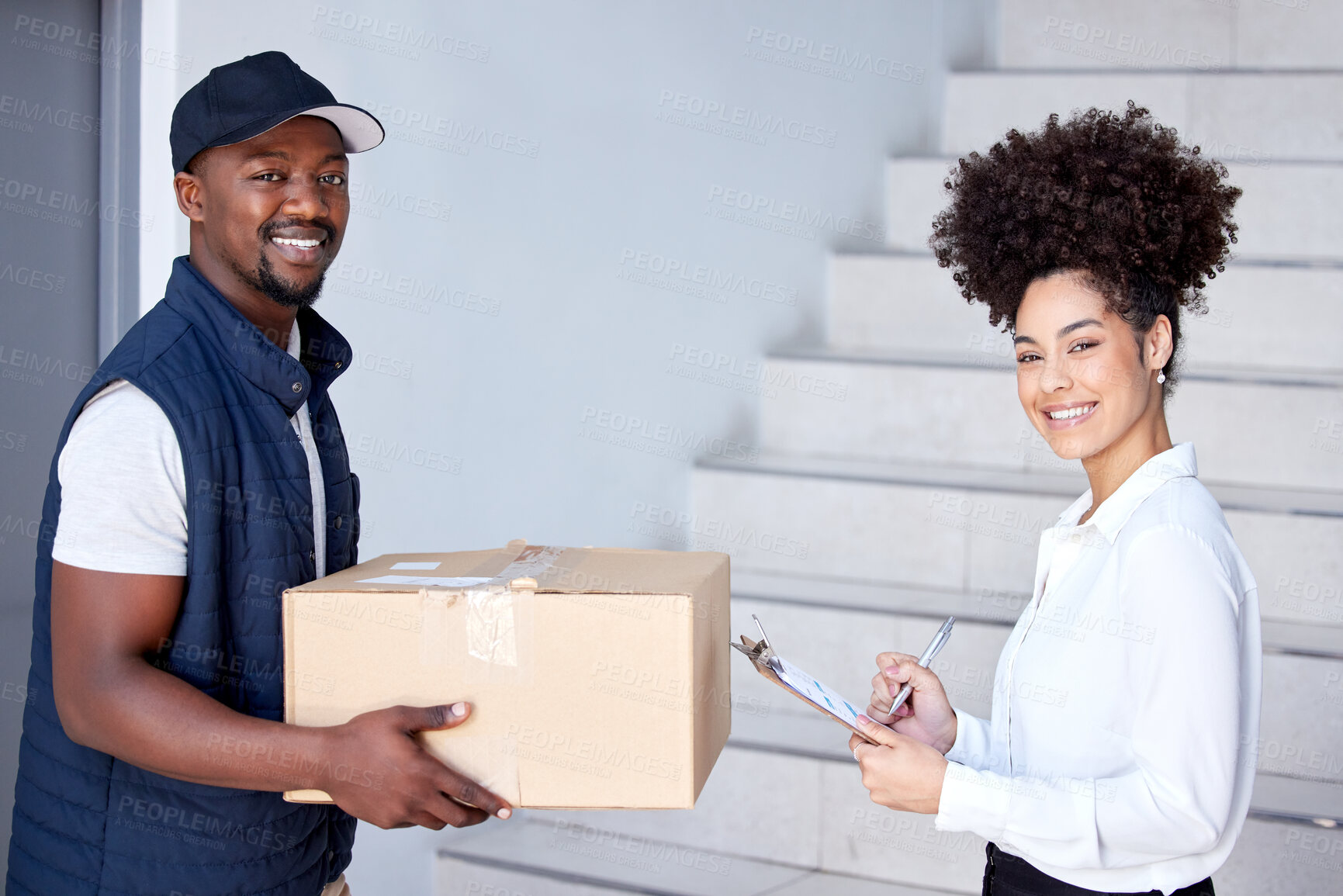 Buy stock photo Delivery, box and portrait of man with woman for shipping, logistics and distribution service. Ecommerce, online shopping and happy male courier deliver box, parcel and order for client signature