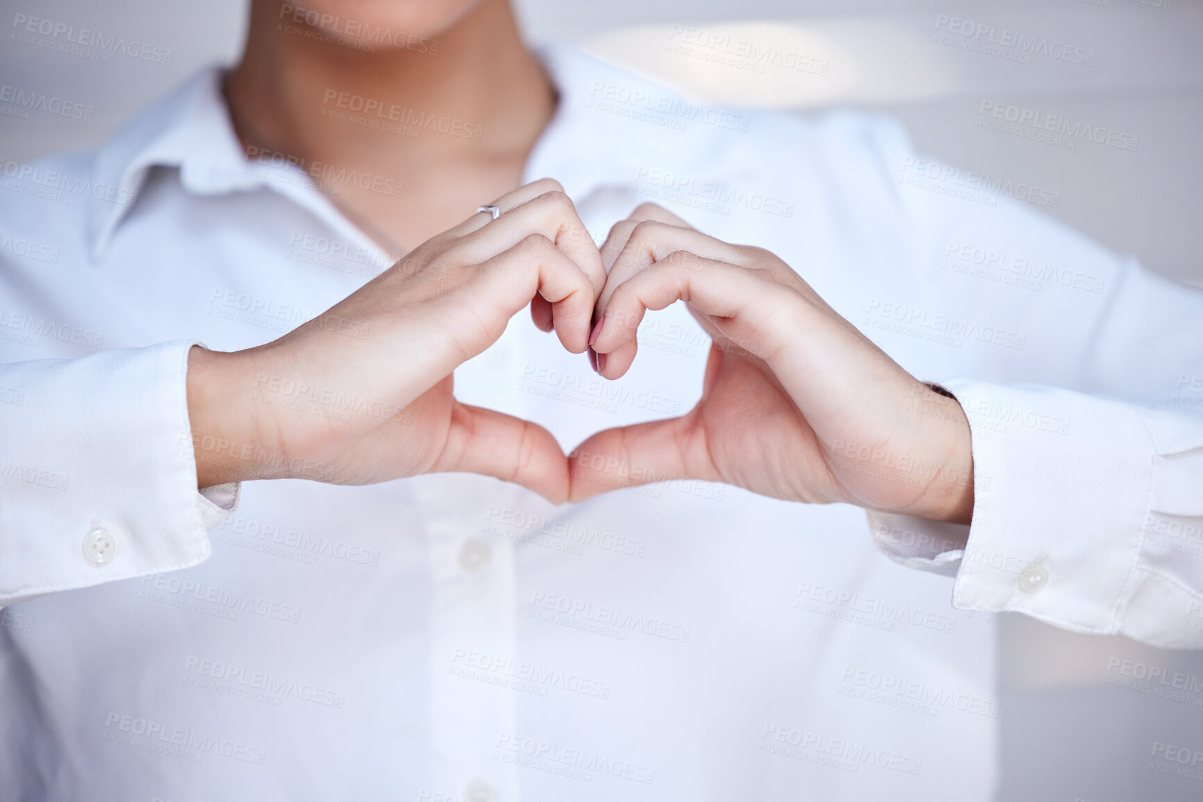 Buy stock photo Peace sign, hands in heart business woman in office with gesture for success, thank you and charity. Corporate, professional and person with emoji, shape and symbol for career, job and opportunity