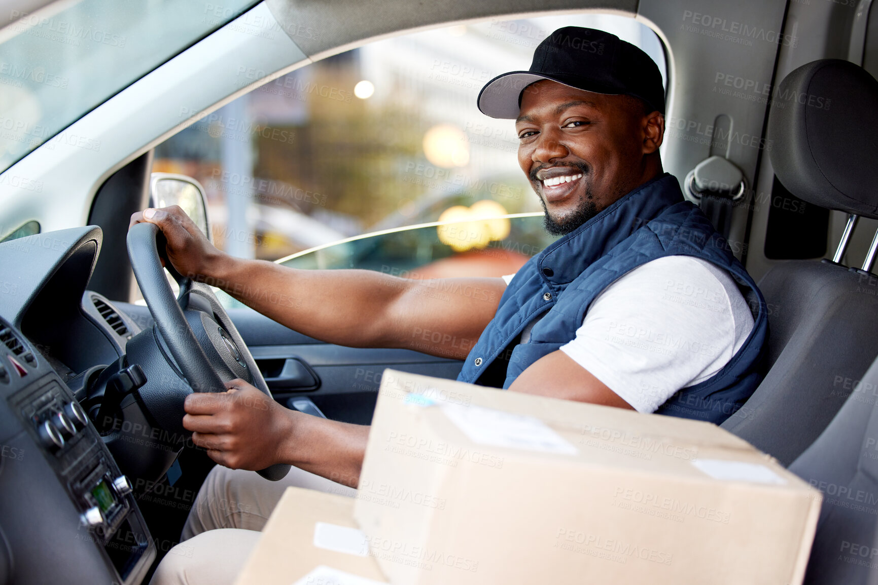 Buy stock photo Portrait, box and black man with a delivery, vehicle and happiness with ecommerce, logistics and shipping. Face, male person and employee with a package, car and retail item with courier and supplier