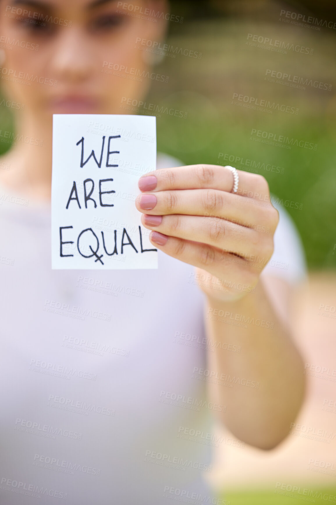 Buy stock photo Woman, hand and card with message for protest, equality or human rights in outdoor nature. Closeup of female person or activist showing note on campaign, community or freedom in democracy or politics