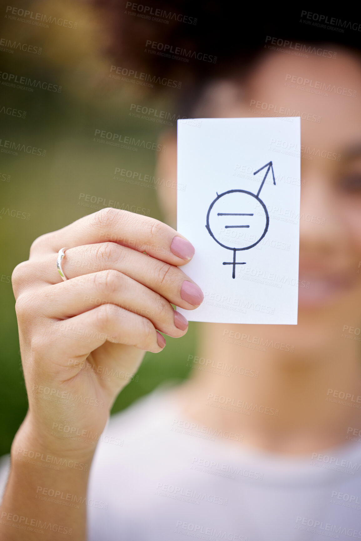 Buy stock photo Icon, hand and woman with card for equal pay, inclusion and support for income opportunity in outdoor protest. Justice, balance and person with sign for salary equity, human rights and social opinion