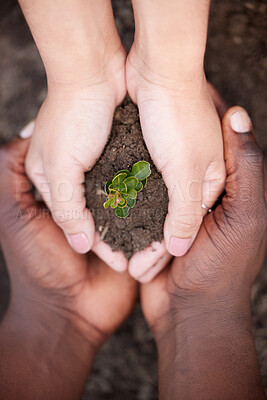 Buy stock photo Interracial, people and hands with soil above for natural growth, sprout or care in outdoor nature. Top view or closeup of team with seed, leaf or sapling for agriculture or eco friendly environment