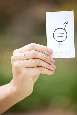 Buy stock photo Icon, hand and person with card for gender equality, inclusion and support for income opportunity in protest. Justice, balance and activist with sign for salary equity, human rights and equal pay