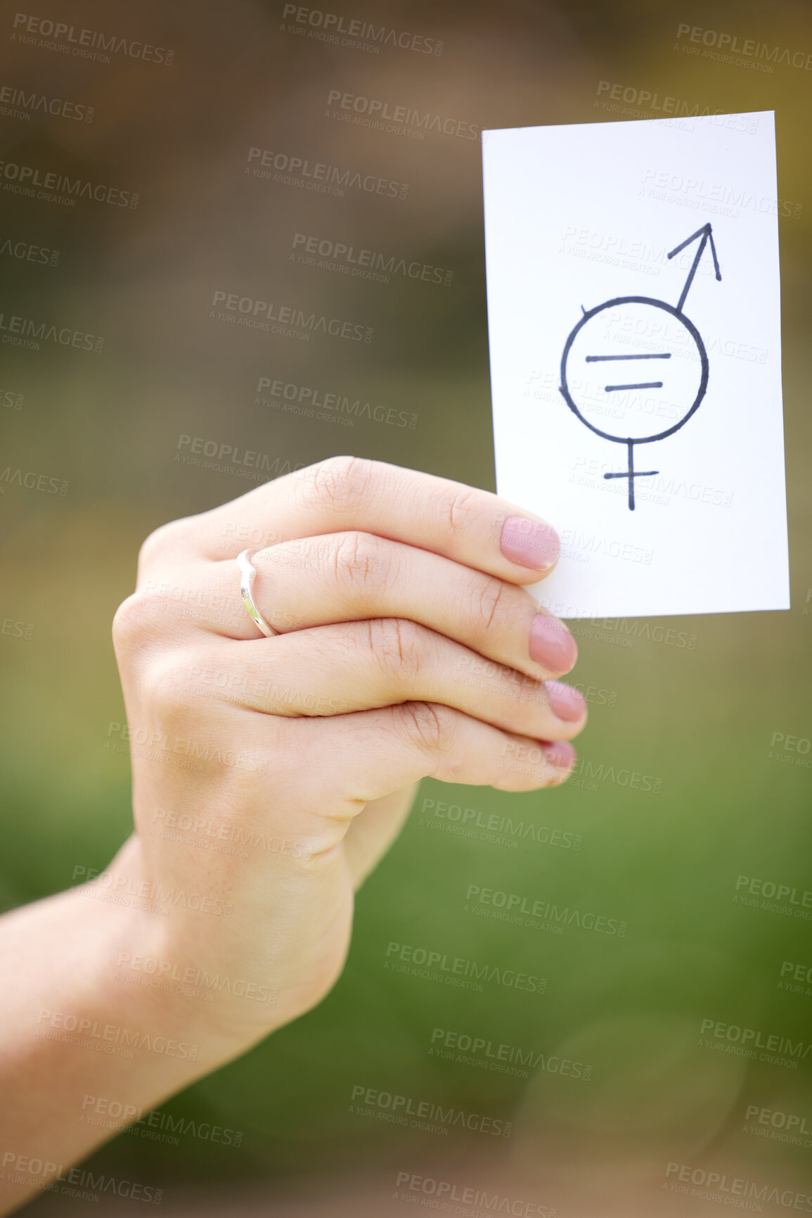 Buy stock photo Icon, hand and person with card for gender equality, inclusion and support for income opportunity in protest. Justice, balance and activist with sign for salary equity, human rights and equal pay