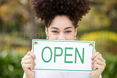 Buy stock photo Woman, portrait and nature with open sign for garden service or ready for outdoor business. Young African or female person with billboard, poster or message for announcement, alert or advertising