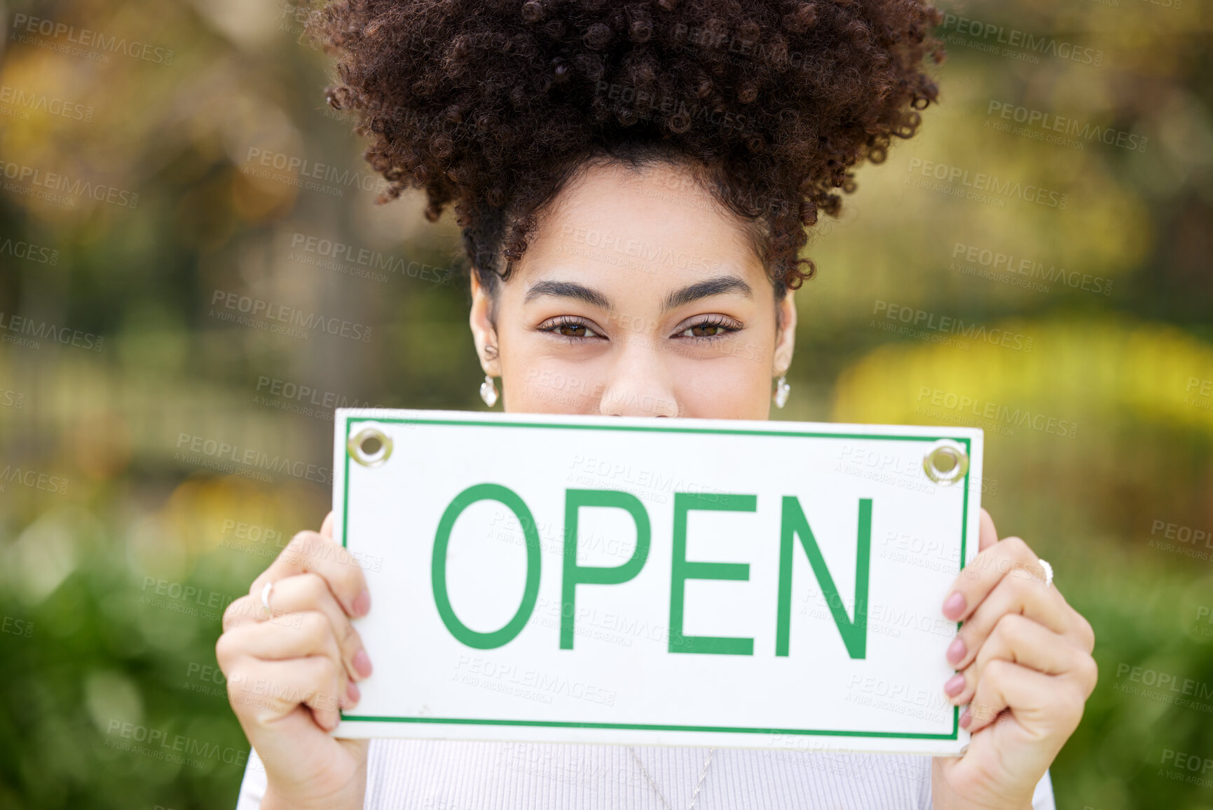 Buy stock photo Woman, portrait and nature with open sign for garden service or ready for outdoor business. Young African or female person with billboard, poster or message for announcement, alert or advertising