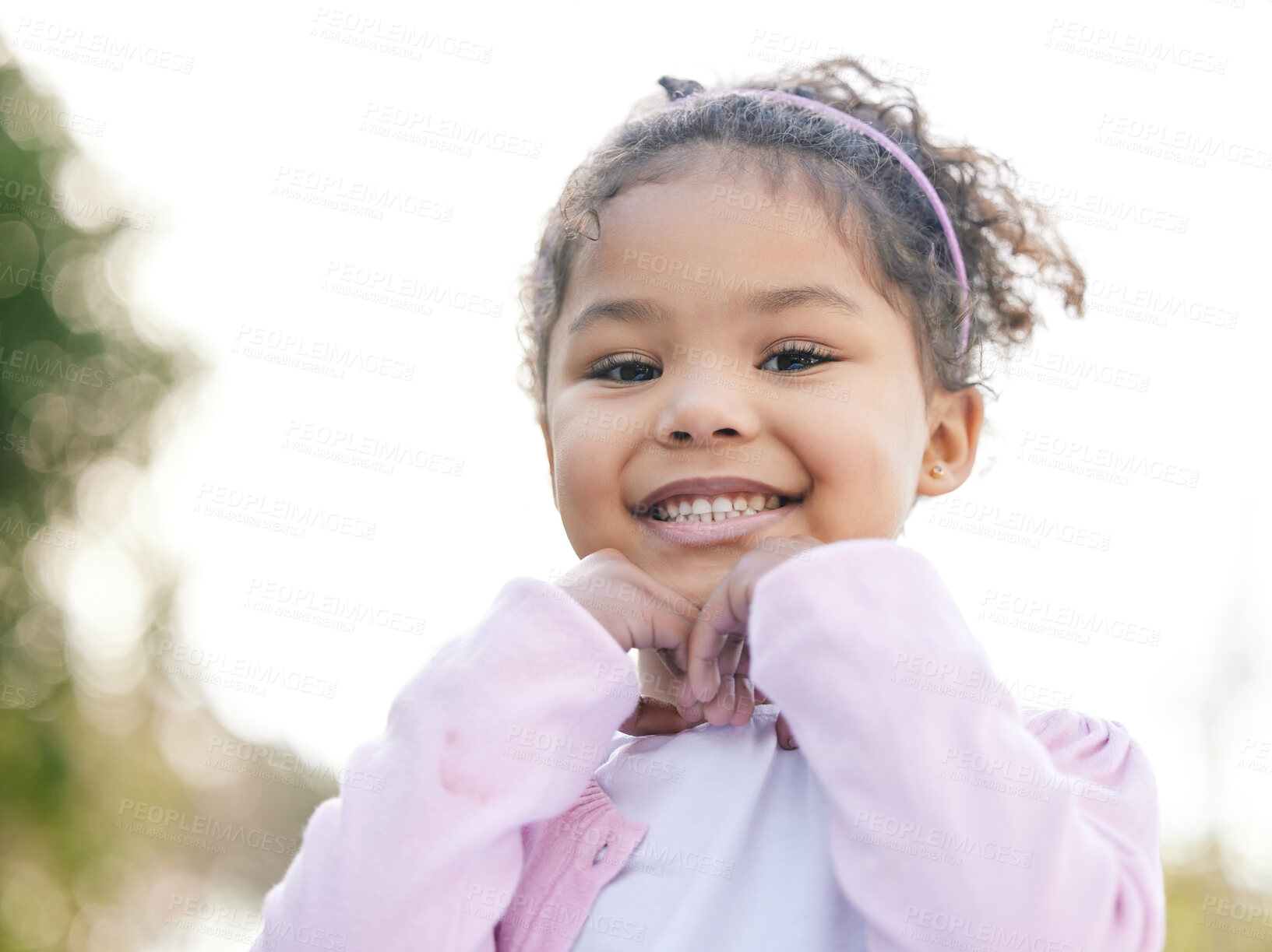 Buy stock photo Girl, portrait and happy in playground, backyard or park for fun, joy and development as kid. Child, toddler and positive in outdoor for growth, curiosity and weekend in garden for adventure as youth