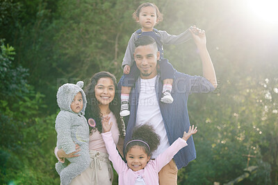 Buy stock photo Portrait, happy family and parents outdoor with kids on vacation or holiday in garden together. Face, mother and father with children at park for support, piggyback and love with siblings in Mexico