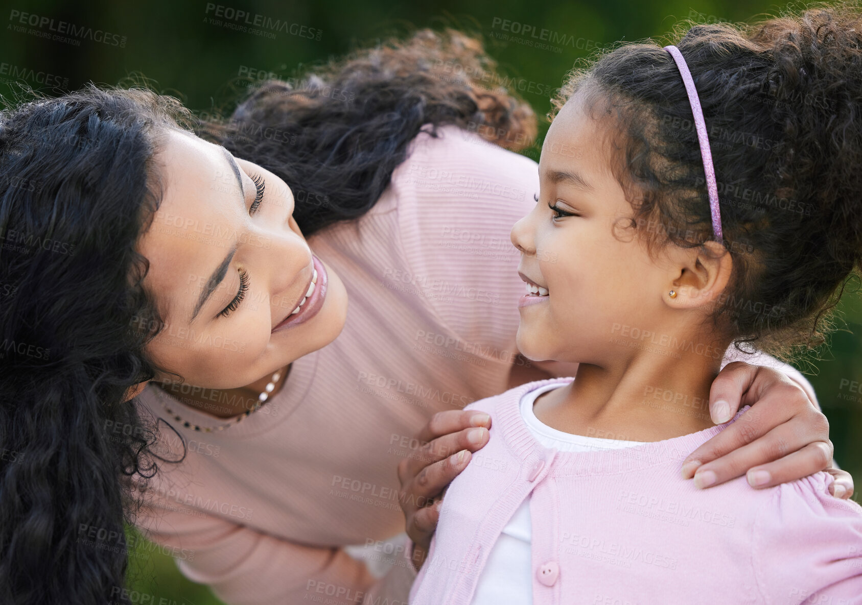 Buy stock photo Mother, girl and bonding in garden with childcare for development, support and together. Daughter, woman and playful in parenting, growth and love for happiness, joy and family as kid in outdoor