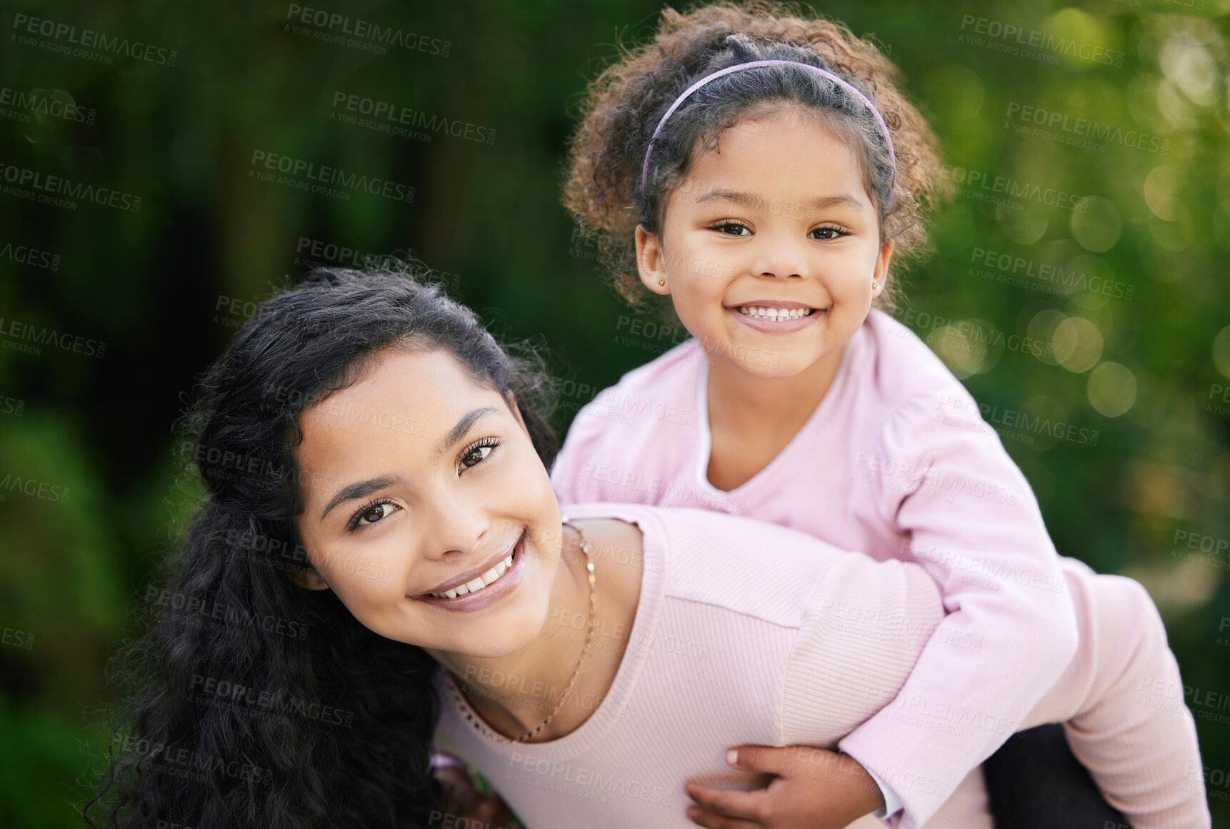 Buy stock photo Mother, girl and bonding in portrait with piggyback for development, support and together. Daughter, woman and playful in parenting, growth and love for happiness, joy and family as kid in outdoor