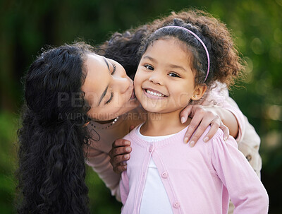 Buy stock photo Mother, child and portrait in garden with kiss on cheek for development, support and bonding. Daughter, woman and playful in parenting, growth and love for happiness, joy and family as kid in outdoor