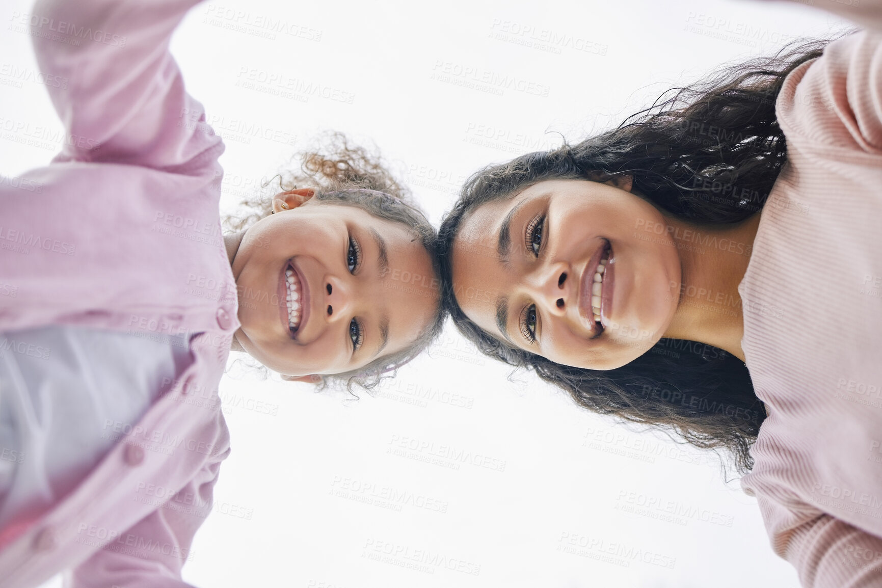 Buy stock photo Sky, mom and happy child in portrait for playing, love or bonding together for single parent or care. Low angle, relax or mother outside for support, security or safety with smile, growth or girl id