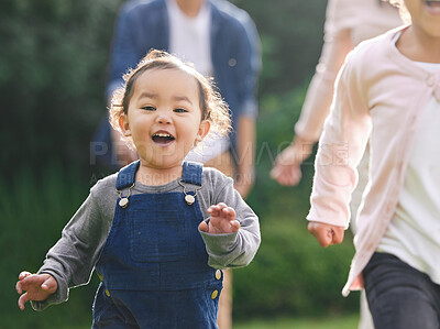 Buy stock photo Child, girl and running portrait outdoor with family for fun activity, energy and playing game in backyard of home. Toddler, kid and excited in garden for adventure, development or wellness in nature