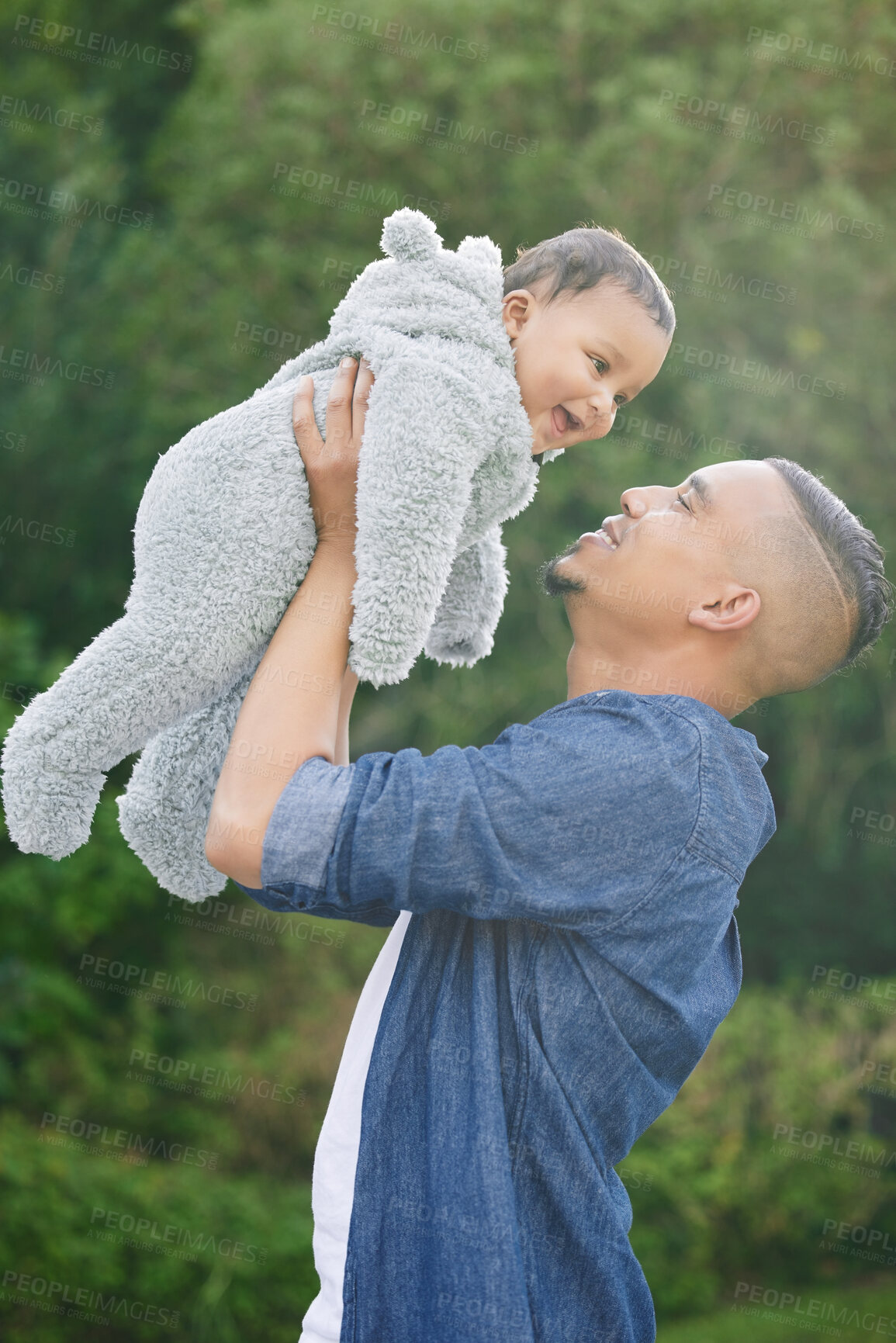 Buy stock photo Lift, dad and happy baby in park for playing, love or bonding together for single parent or care. Nature, relax or playful father outside for support, security or safety with smile, growth or newborn