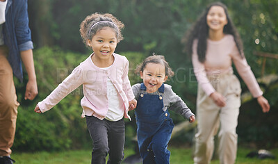 Buy stock photo Family, garden and children running with parents and fun game with love, support and care outdoor. Lawn, backyard and nature with baby, mom and dad with bonding and weekend activity on park walk