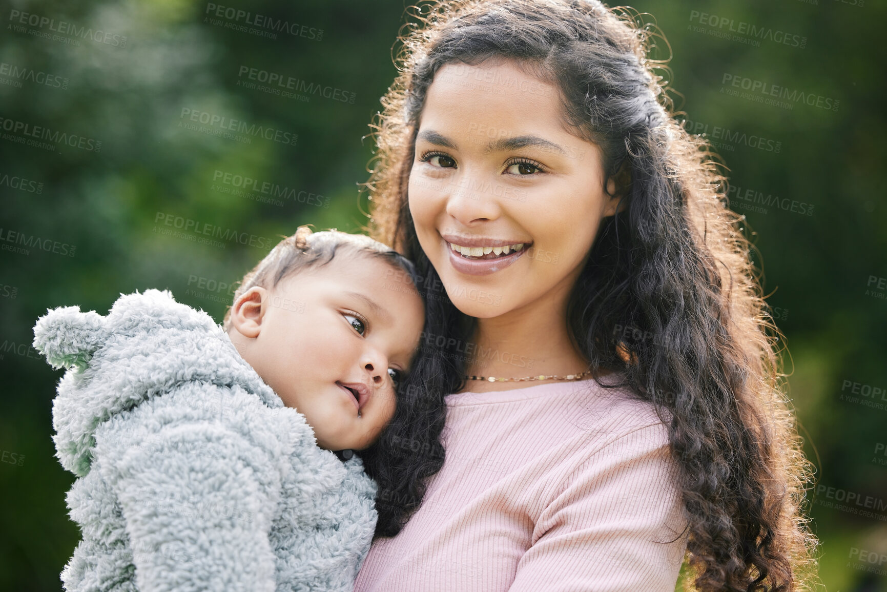 Buy stock photo Hug, mom and baby in park for portrait, love or bonding together for single parent or care. Outdoor, relax and proud mother in nature for support, security or safety with smile, growth or newborn