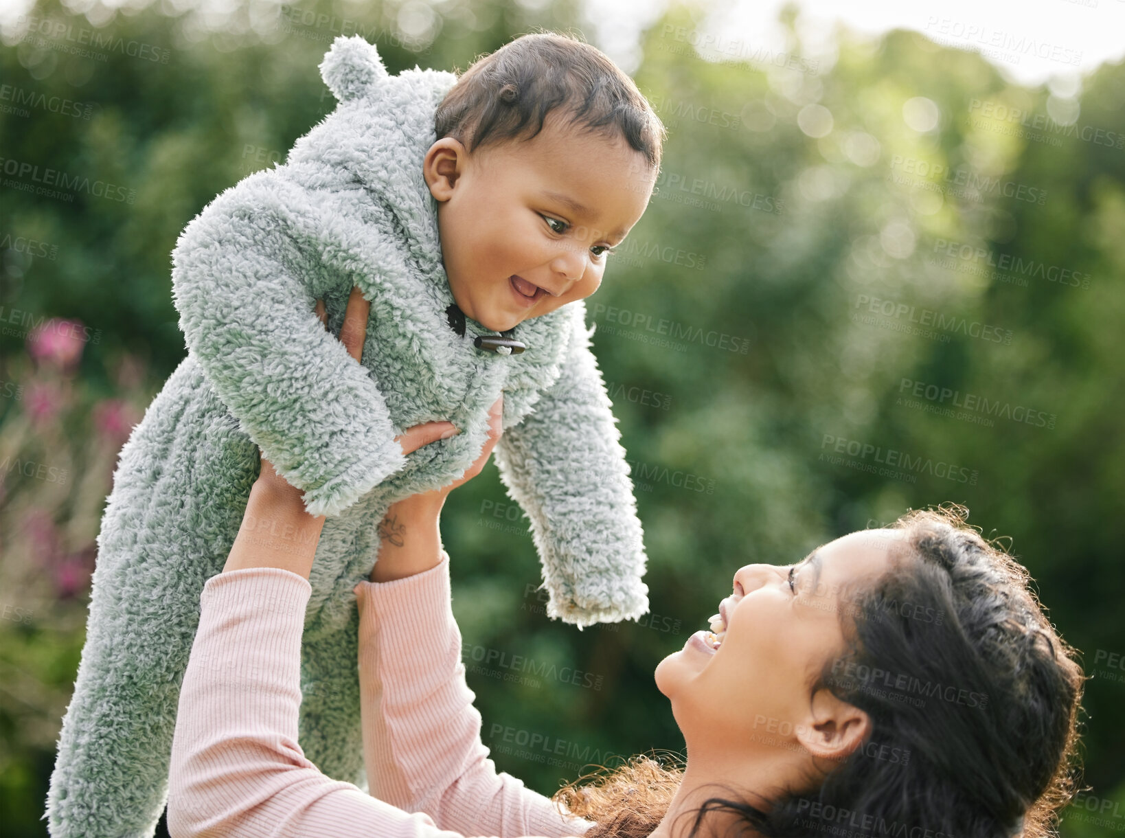 Buy stock photo Smile, mom and baby in park for playing, love or bonding together for single parent or care. Outdoor, happy and proud mother in nature for support, security or safety with joy, growth or fun newborn