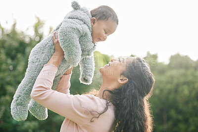 Buy stock photo Carry, mom and baby in park for playing, love or bonding together for single parent or care. Outdoor, happy or proud mother in nature for support, security or safety with smile, growth or fun family