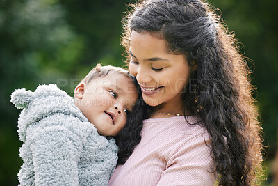 Buy stock photo Hug, mom and happy baby in park for peace, love or bonding together for single parent or care. Outdoor, relax or proud mother in nature for support, security or safety with smile, growth or child