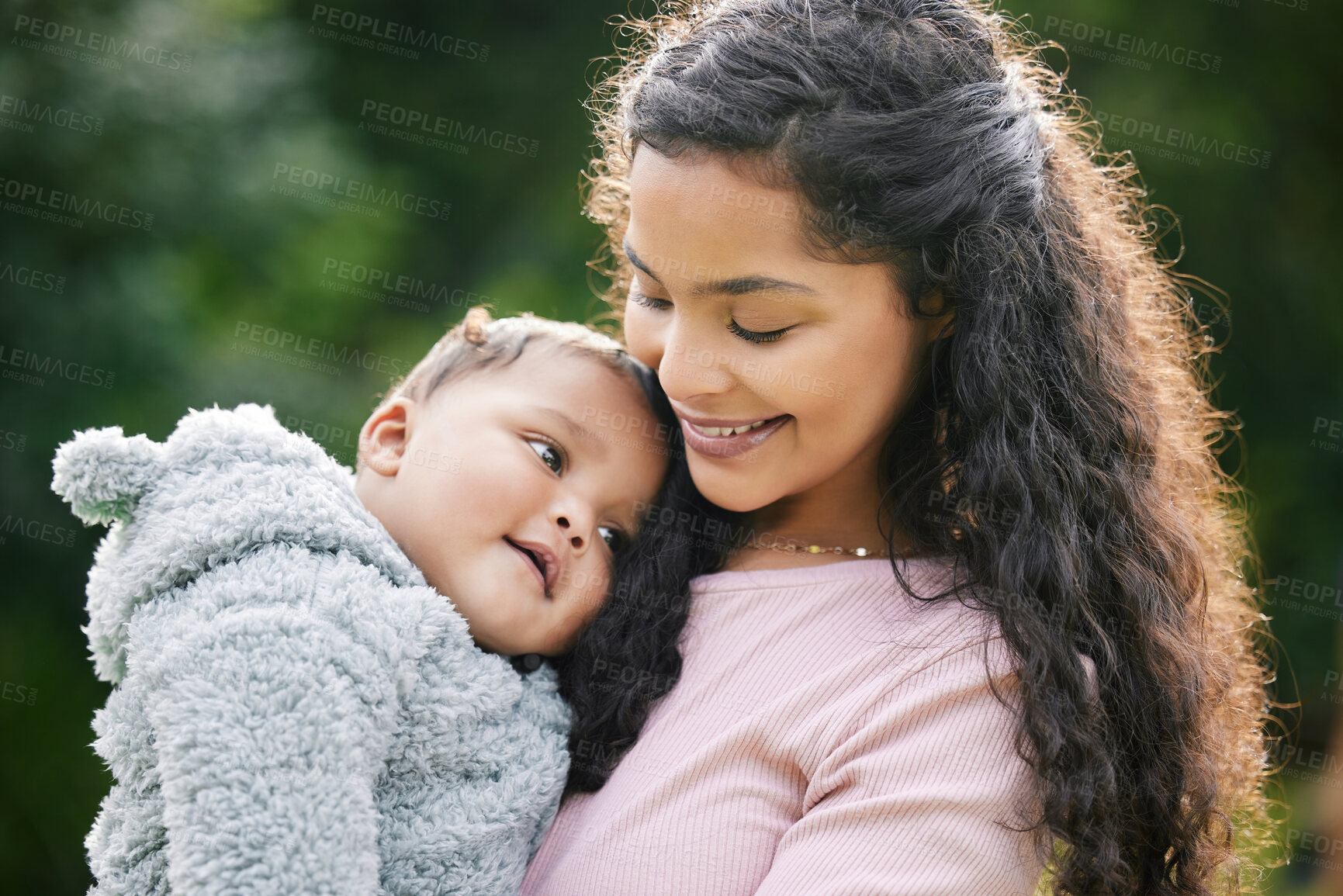 Buy stock photo Hug, mom and happy baby in park for peace, love or bonding together for single parent or care. Outdoor, relax or proud mother in nature for support, security or safety with smile, growth or child