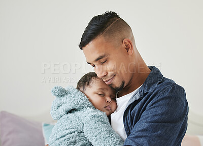 Buy stock photo Father, baby sleeping and hug in home, love newborn and relax in nursery for parent bonding. Dad, infant nap and embrace kid for security in childhood, care and trust in papa for comfort connection