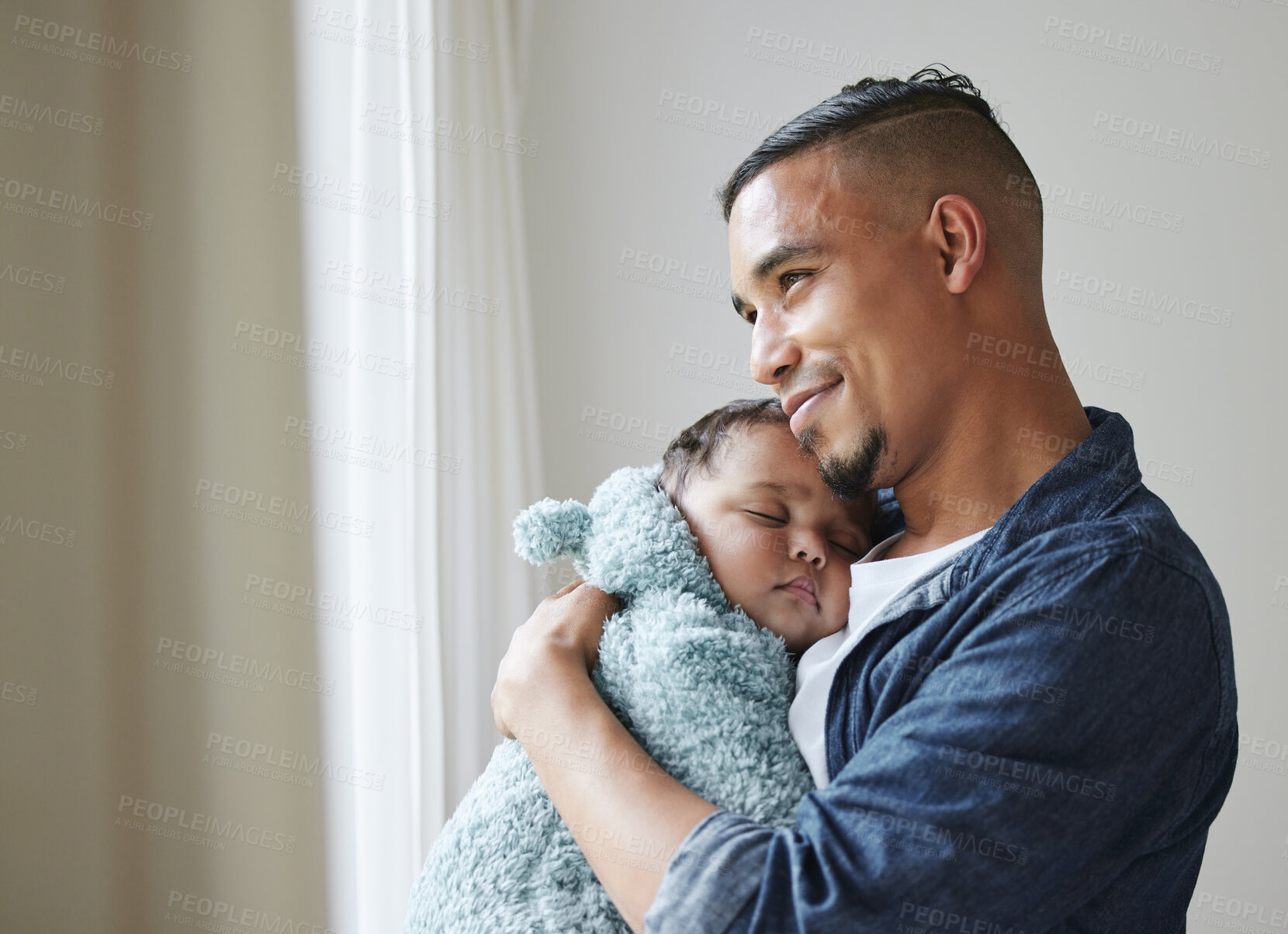 Buy stock photo Father, baby sleeping and hug in home, happy newborn and relax in nursery for parent bonding. Dad, infant nap and embrace kid for security in childhood, care and trust in papa for comfort connection