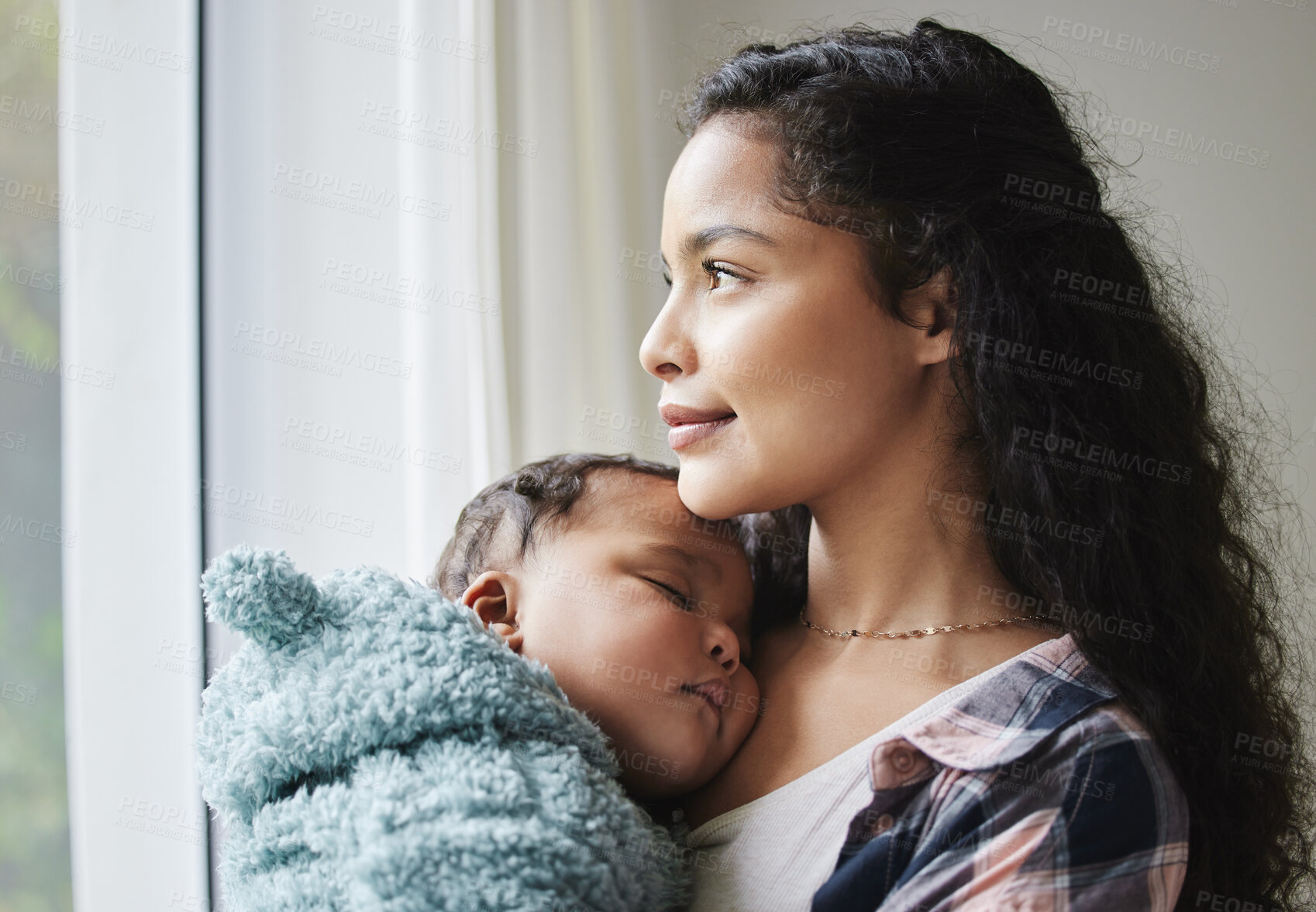 Buy stock photo Mother, baby sleeping and hug in home, thinking and relax in nursery for parent bonding. Mom, infant profile and embrace kid for security in childhood, window and trust in mama for comfort connection