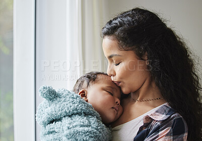 Buy stock photo Mother, baby sleeping and kiss in home, trust and child dream on weekend in mommy embrace. Mom, infant nap and love to nurture in apartment for bonding, support kid and parent for peace in childhood