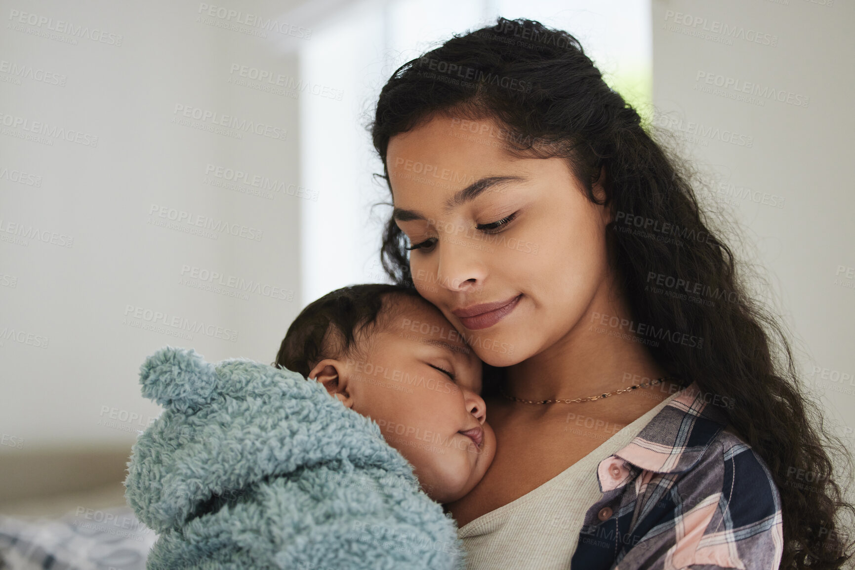 Buy stock photo Mother, baby sleeping and care in home, trust and child dream on weekend in mommy embrace. Mom, infant nap and love to nurture in apartment for bonding, support kid and parent for peace in childhood