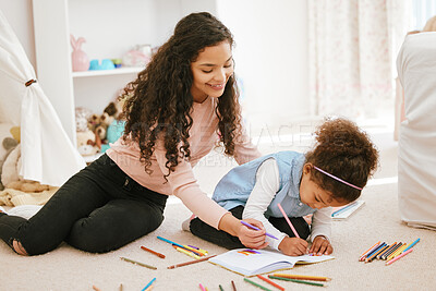 Buy stock photo Mother, girl and drawing in home for school project, homework and helping kid in bedroom. Mom, daughter and creative education for child development, parent support and kid for learning art lesson