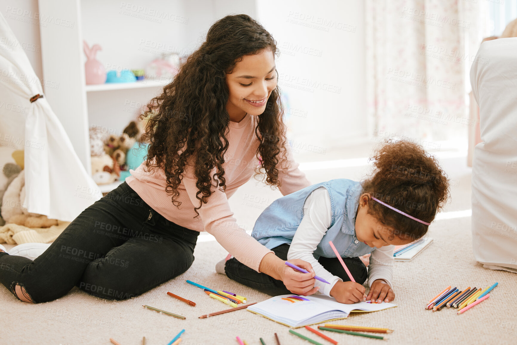 Buy stock photo Mother, girl and drawing in home for school project, homework and helping kid in bedroom. Mom, daughter and creative education for child development, parent support and kid for learning art lesson