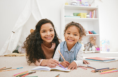 Buy stock photo Mother, girl and portrait in home for drawing on floor, homework and helping kid in bedroom. Mom, daughter and creative education for child development, parent support and write for school project