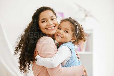 Buy stock photo Happy mother, kid and portrait in home hug, daughter love and security in childhood relationship. Mom, girl and embrace for support or trust in nursery bedroom, care and family bonding on weekend