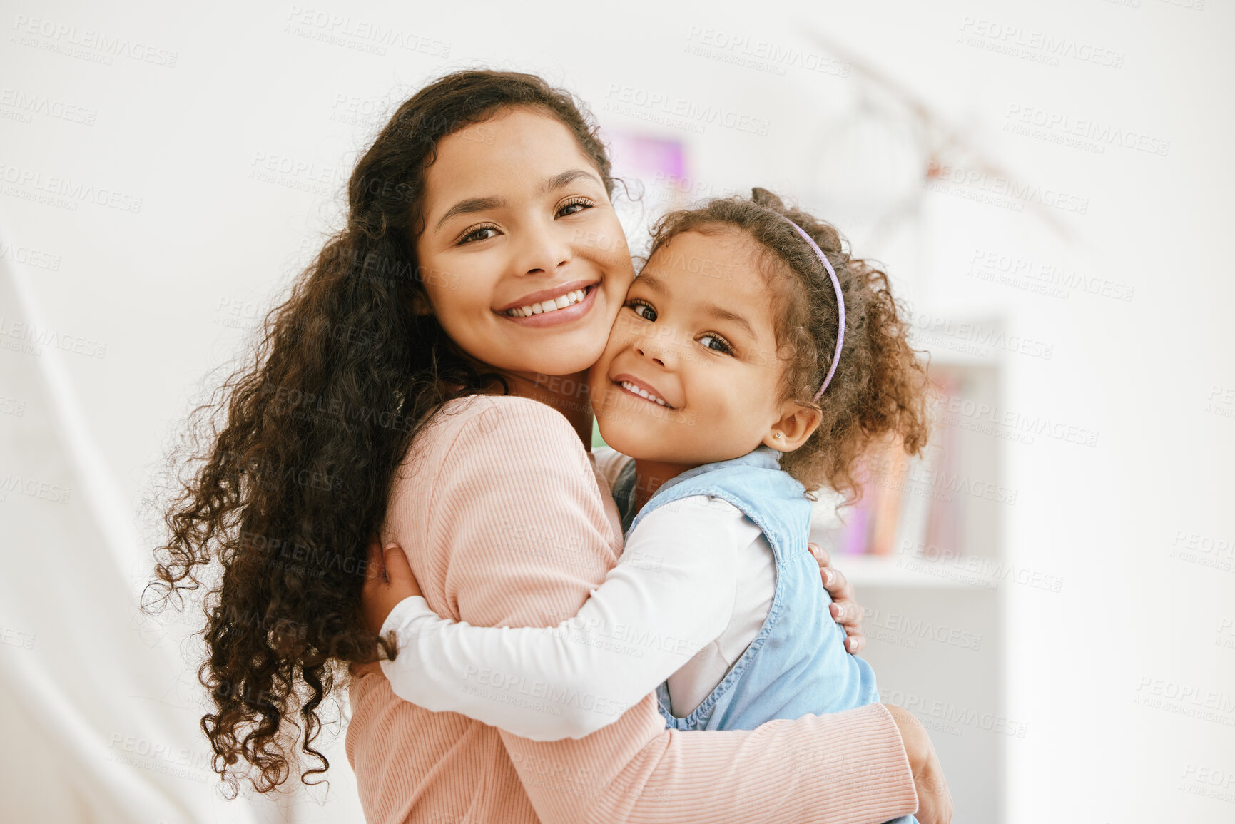 Buy stock photo Happy mother, kid and portrait in home hug, daughter love and security in childhood relationship. Mom, girl and embrace for support or trust in nursery bedroom, care and family bonding on weekend