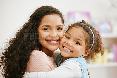 Buy stock photo Happy mom, kid and portrait in home hug, daughter love and security in childhood relationship. Mother, girl and embrace for support or trust in nursery bedroom, comfort and family bonding on weekend