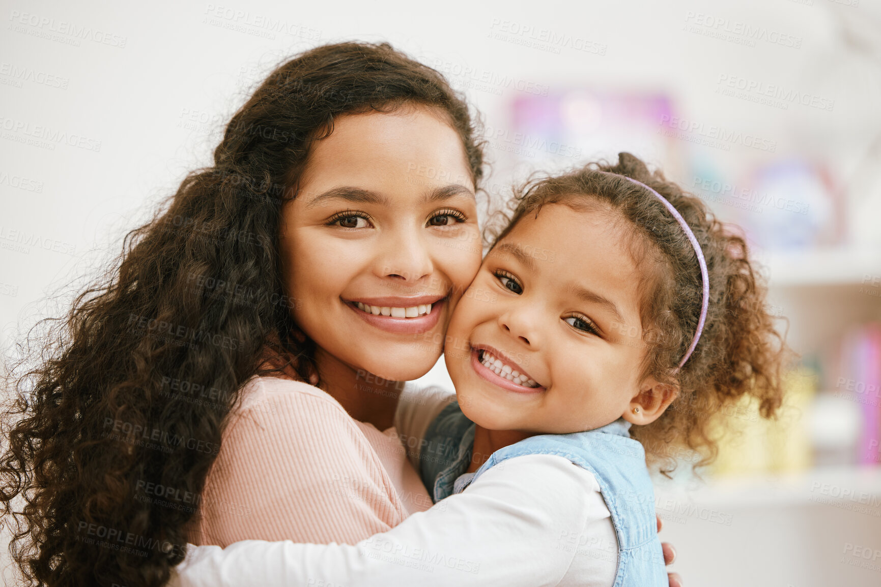 Buy stock photo Happy mom, kid and portrait in home hug, daughter love and security in childhood relationship. Mother, girl and embrace for support or trust in nursery bedroom, comfort and family bonding on weekend