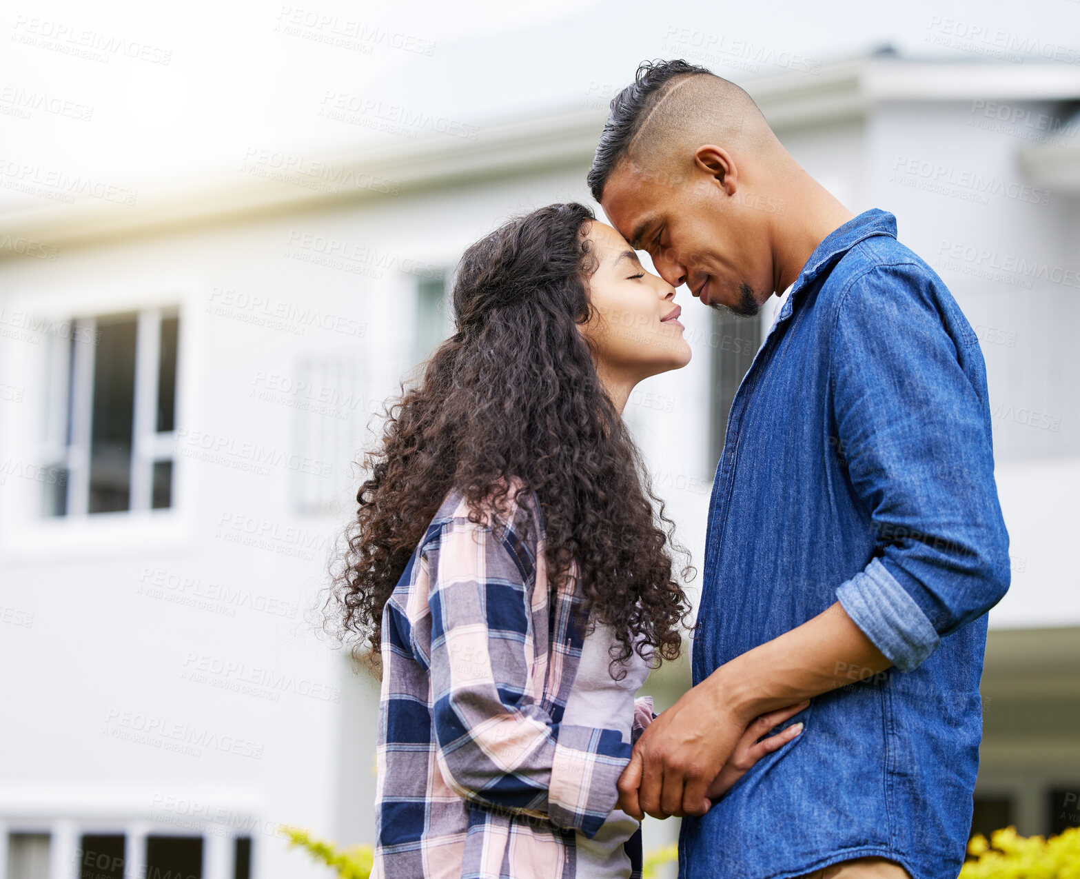 Buy stock photo Couple, forehead touch and outdoor lovers in marriage, garden affection and safety in relationship. People, profile and backyard for commitment or support in nature, trust and holding hands for care