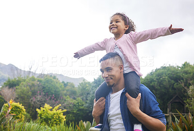 Buy stock photo Father, happy girl and carrying on shoulder in outdoor, airplane games and freedom in nature. Dad, daughter and stretching arms for flying in countryside, happiness and holiday adventure for fun