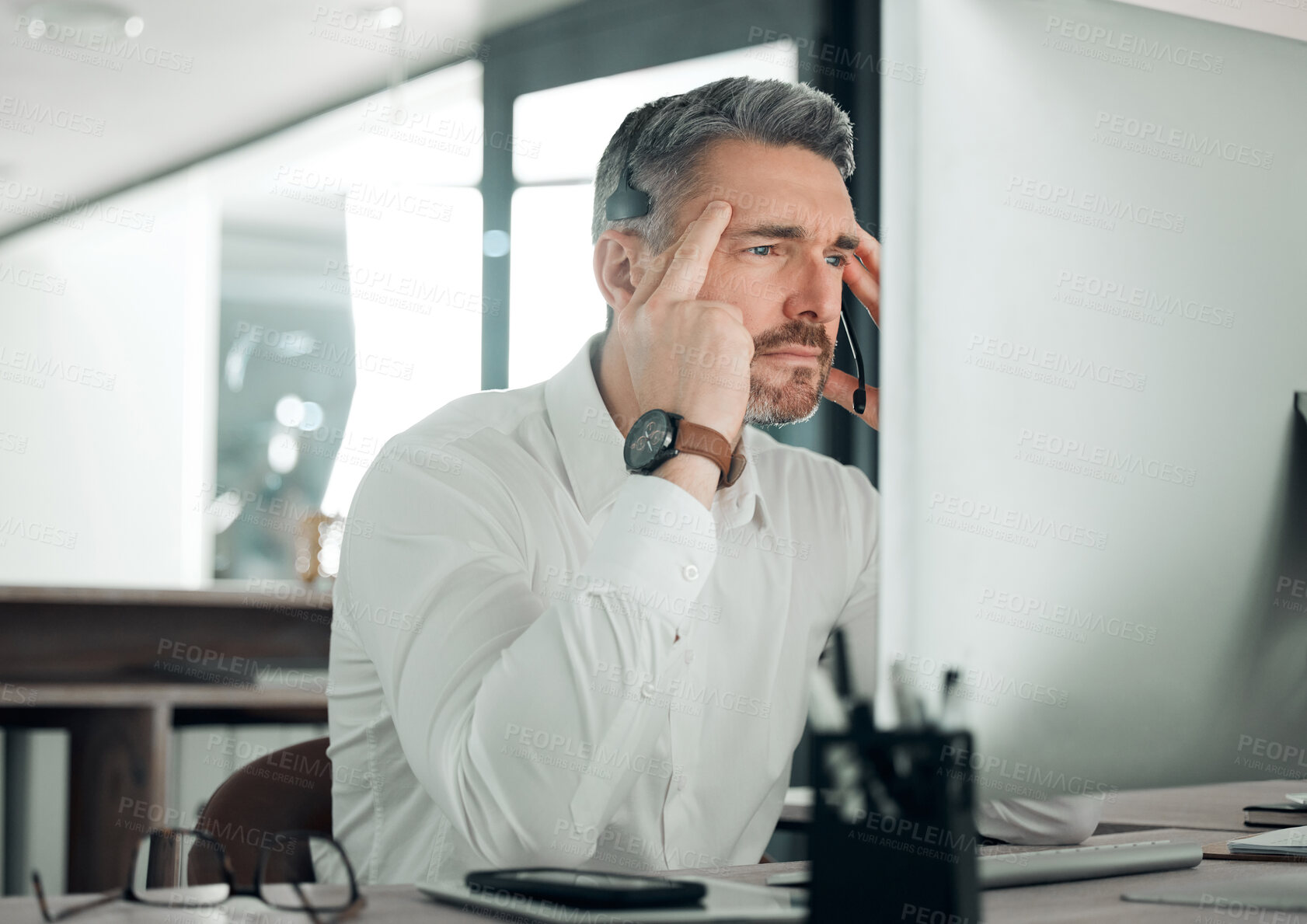 Buy stock photo Call center, confused man and stress at computer for customer account problem, 404 error or telecom glitch in office. Headache, tired and mature telemarketing agent thinking of online challenge at pc
