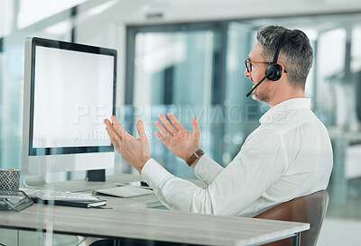 Buy stock photo Call center, man and computer screen with space for consulting, video calling or customer service in office. Mature telemarketing salesman, CRM agent or mockup on desktop for virtual telecom advisory