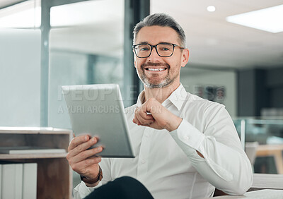 Buy stock photo Mature, businessman and tablet or portrait in office for online connection, company growth or internet research. Male person, manager or digital device in corporate workplace,  communication or smile